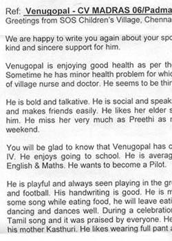 Letter with Venugopal's progress